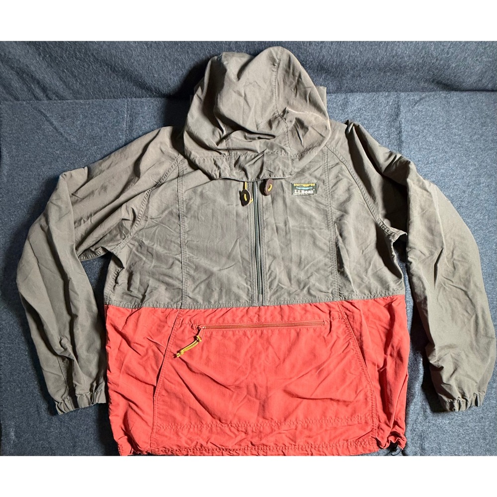 LL Bean Mens Mountain Classic Anorak Hooded Jacket Olive Rust Large